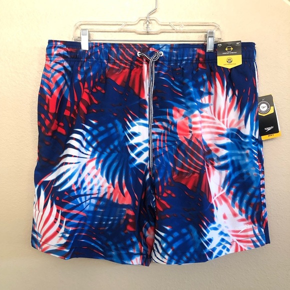 Speedo Men' 7.5" Volley Ghot Palm Swim Trunk Blue/White/Red Plus Size XXL - Picture 1 of 13